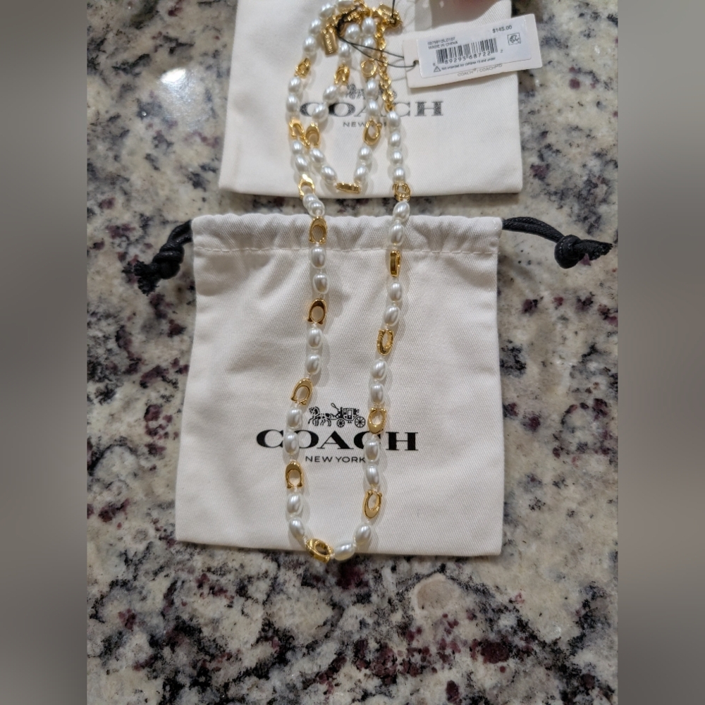Coach Gold and White Necklace with Bracelet with Pearls
